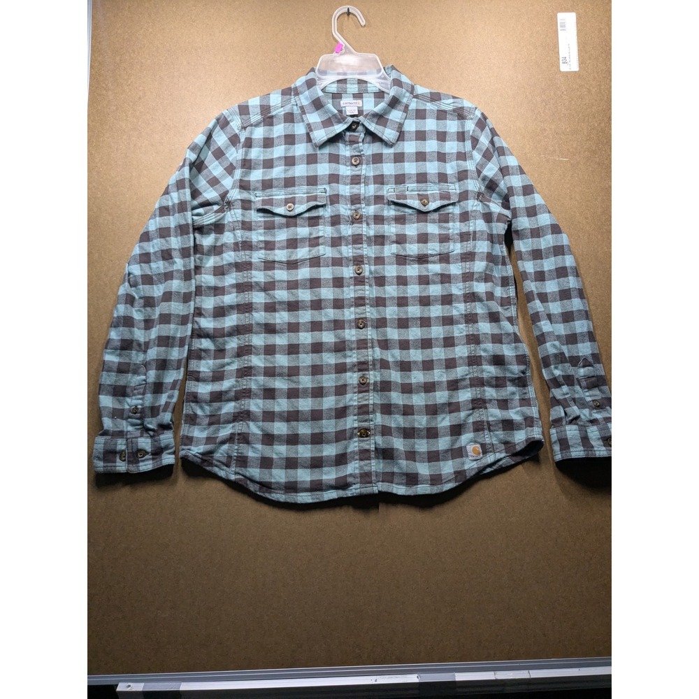 Carhartt Womens Teal Brown Buffalo Check Flannel Button Down Shirt Large 12/14